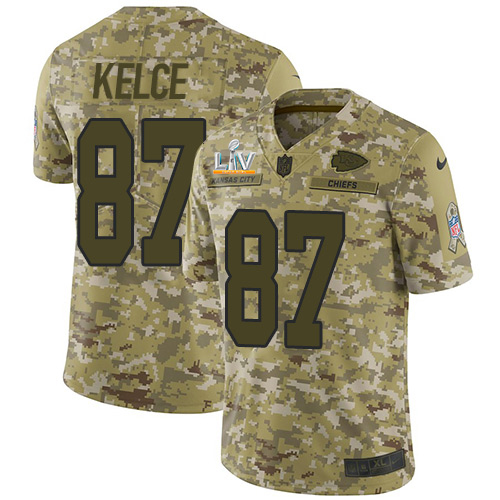 Chiefs #87 Travis Kelce Camo Youth Super Bowl LV Bound Stitched Limited 2018 Salute To Service Jersey