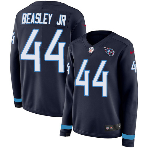 Tennessee Titans #44 Vic Beasley Jr Navy Blue Team Color Women's Stitched Limited Therma Long Sleeve Jersey Womens