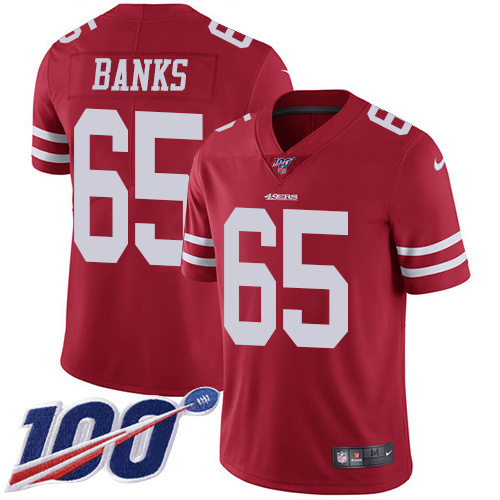 San Francisco 49ers #65 Aaron Banks Red Team Color Youth Stitched 100th Season Vapor Untouchable Limited Jersey Youth