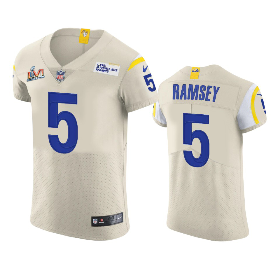 Los Angeles Rams #5 Jalen Ramsey Men's Super Bowl LVI Patch Vapor Elite Player Jersey - Bone