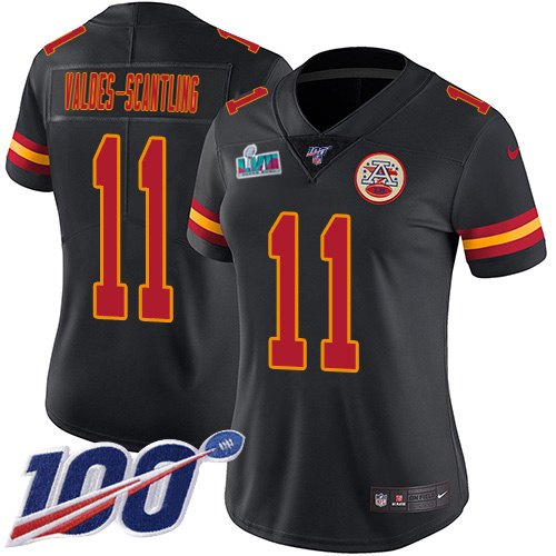 Chiefs #11 Marquez Valdes-Scantling Black Super Bowl LVII Patch Women's Stitched Limited Rush 100th Season Jersey