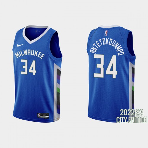 Milwaukee Milwaukee Bucks #34 Giannis Antetokounmpo Mens Blue 2022-23 Jersey - City Edition Mens