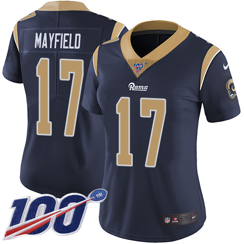 Rams #17 Baker Mayfield Navy Blue Team Color Women's Stitched 100th Season Vapor Limited Jersey