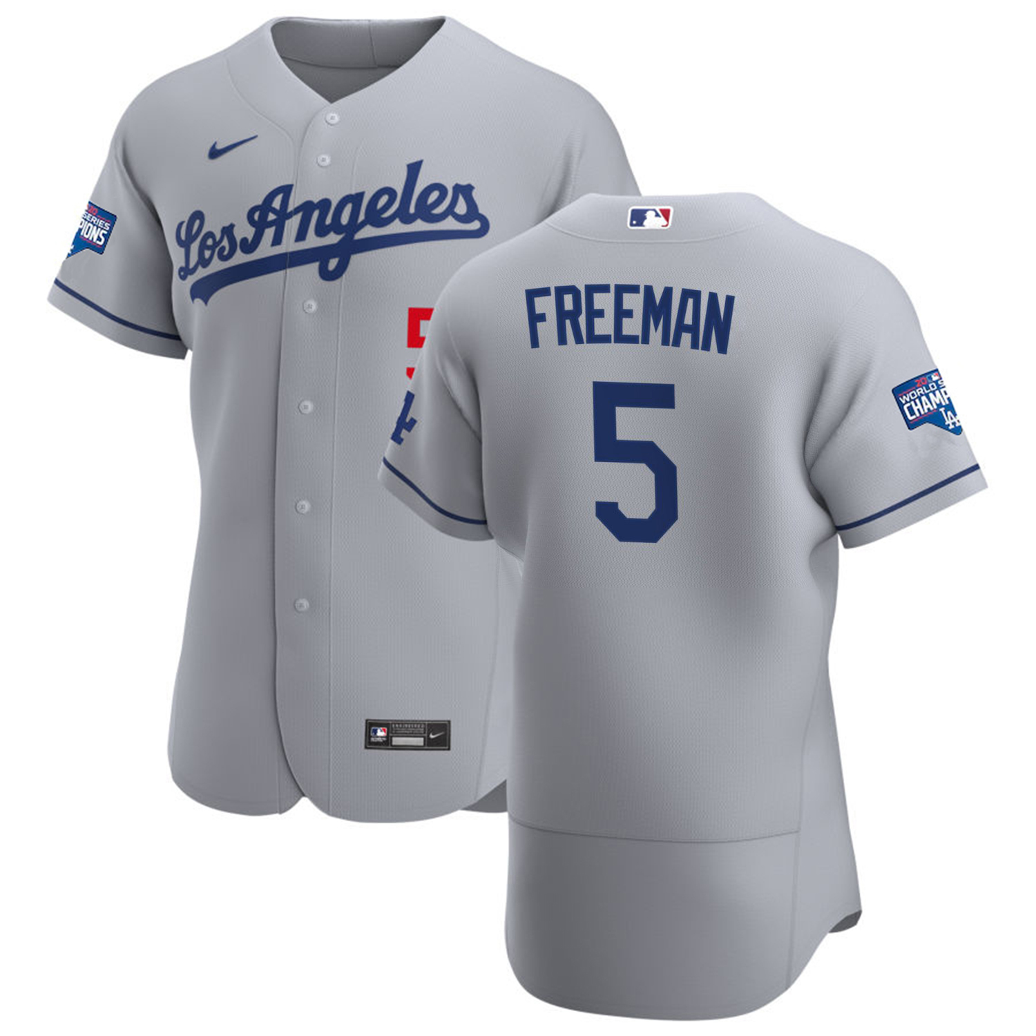 Los Angeles Dodgers #5 Freddie Freeman Men's Gray Road 2020 World Series Champions Authentic Team Jersey