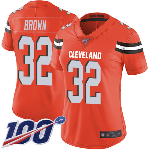 Browns #32 Jim Brown Orange Alternate Women's Stitched 100th Season Vapor Limited Jersey