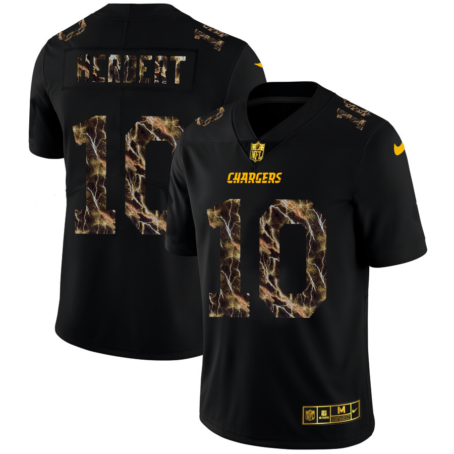 Los Angeles Chargers #10 Justin Herbert Men's Black Flocked Lightning Vapor Limited Jersey