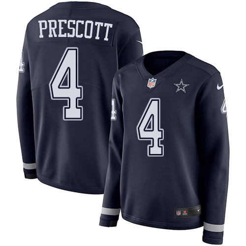 Cowboys #4 Dak Prescott Navy Blue Team Color Women's Stitched Limited Therma Long Sleeve Jersey
