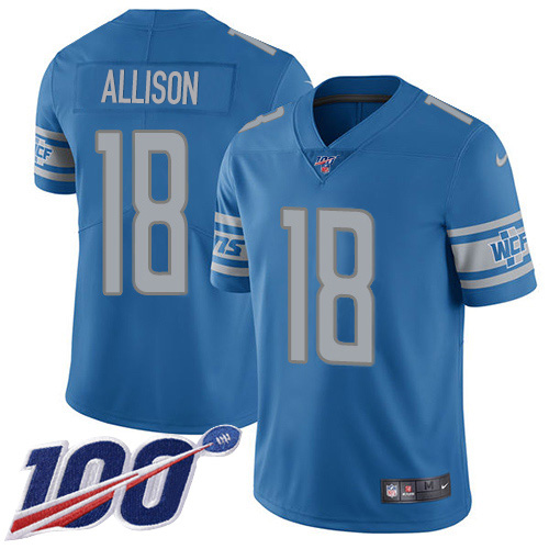 Detroit Lions #18 Geronimo Allison Blue Team Color Men's Stitched 100th Season Vapor Untouchable Limited Jersey Men's