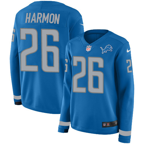 Detroit Lions #26 Duron Harmon Blue Team Color Women's Stitched Limited Therma Long Sleeve Jersey Womens