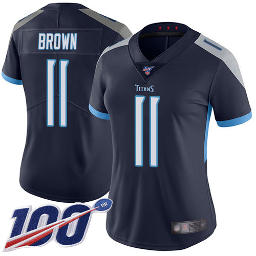 Tennessee Titans #11 A.J. Brown Navy Blue Team Color Women's Stitched 100th Season Vapor Limited Jersey Womens