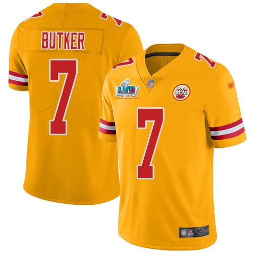 Chiefs #7 Harrison Butker Gold Super Bowl LVII Patch Men's Stitched Limited Inverted Legend Jersey