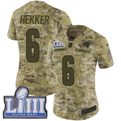Los Angeles Rams #6 Johnny Hekker Camo Super Bowl LIII Bound Women's Stitched Limited 2018 Salute to Service Jersey Womens