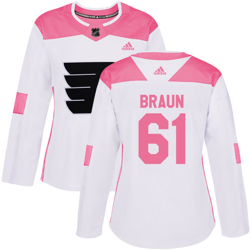 Adidas Philadelphia Flyers #61 Justin Braun White/Pink Authentic Fashion Women's Stitched Jersey Womens