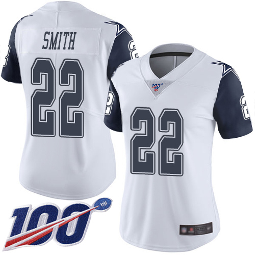 Cowboys #22 Emmitt Smith White Women's Stitched Limited Rush 100th Season Jersey