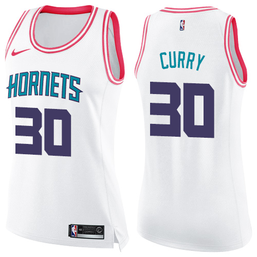 Charlotte Hornets #30 Dell Curry White/Pink Womens Swingman Fashion Jersey Womens