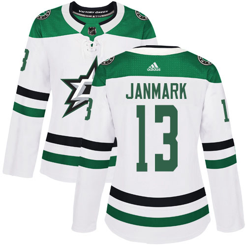 Adidas Dallas Stars #13 Mattias Janmark White Road Authentic Women's Stitched Jersey Womens