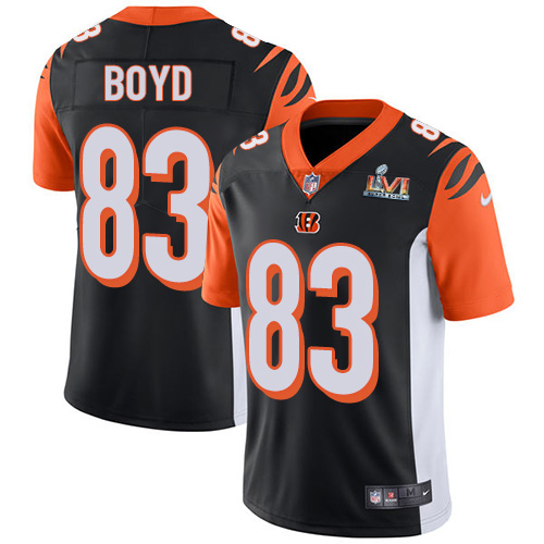 Bengals #83 Tyler Boyd Black Team Color Super Bowl LVI Patch Men's Stitched Vapor Untouchable Limited Jersey