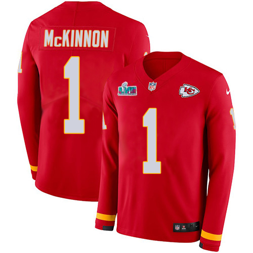 Chiefs #1 Jerick McKinnon Red Team Color Super Bowl LVII Patch Youth Stitched Limited Therma Long Sleeve Jersey