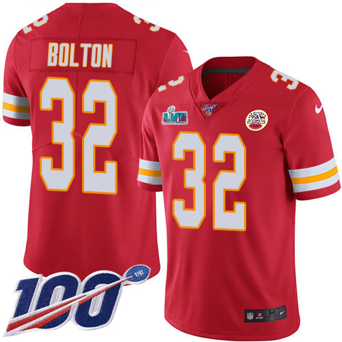 Chiefs #32 Nick Bolton Red Team Color Super Bowl LVII Patch Men's Stitched 100th Season Vapor Limited Jersey