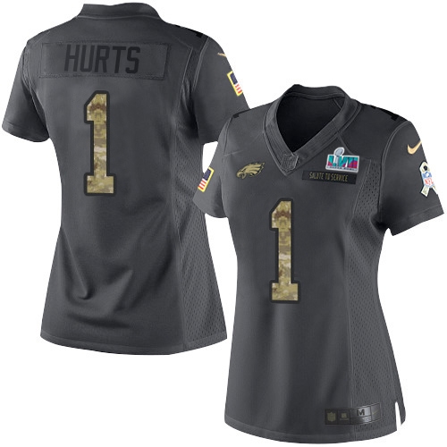 Eagles #1 Jalen Hurts Black Super Bowl LVII Patch Women's Stitched Limited 2016 Salute To Service Jersey