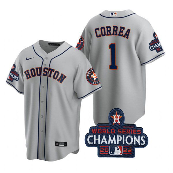 Houston Astros #1 Carlos Correa Men's 150th Anniversary 2022 World Series Champions Game Jersey - Gray