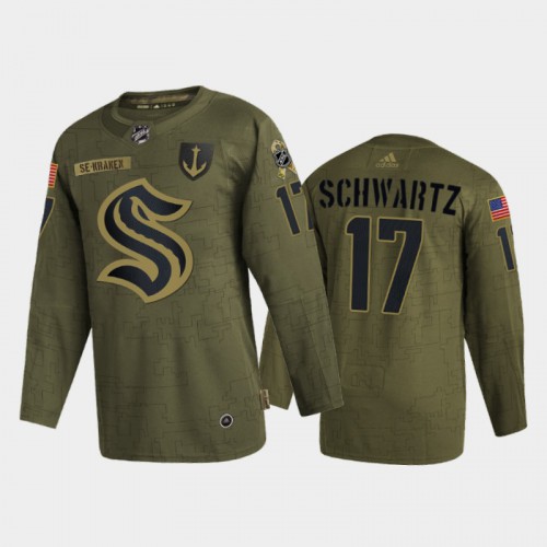 Seattle Seattle Kraken #17 Jaden Schwartz Men's Adidas Veterans Day 2022 Military Appreciation Jersey - Olive Men's
