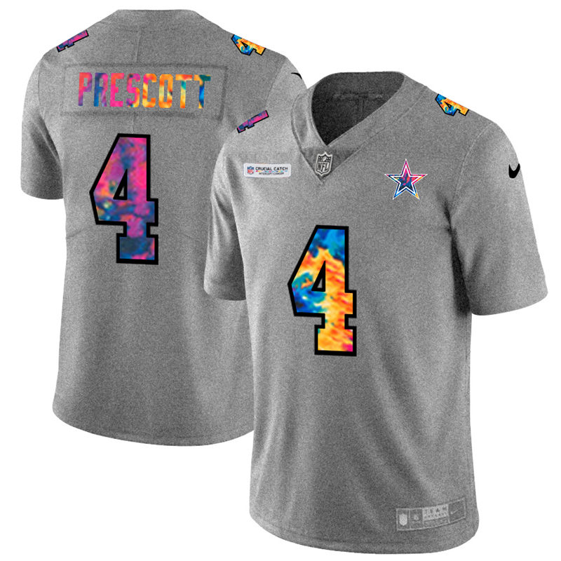 Dallas Cowboys #4 Dak Prescott Men's Multi-Color 2020 Crucial Catch Jersey Greyheather