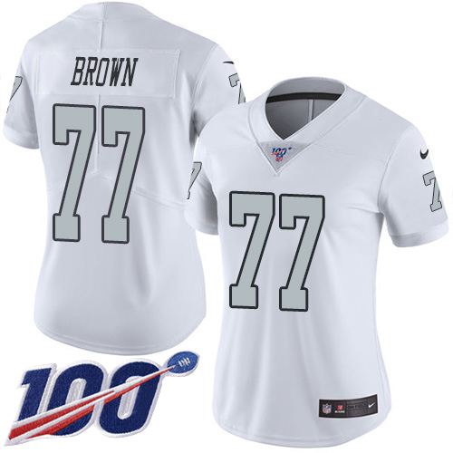 Las Vegas Raiders #77 Trent Brown White Women's Stitched Limited Rush 100th Season Jersey Womens