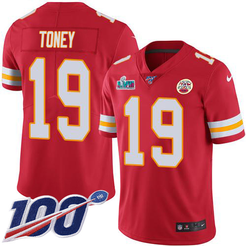 Chiefs #19 Kadarius Toney Red Team Color Super Bowl LVII Patch Youth Stitched 100th Season Vapor Limited Jersey