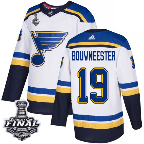 Adidas St. Louis Blues #19 Jay Bouwmeester White Road Authentic 2019 Stanley Cup Final Stitched Jersey Men's