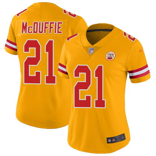 Chiefs #21 Trent McDuffie Gold Women's Stitched Limited Inverted Legend 100th Season Jersey