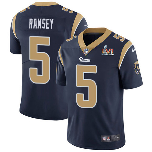 Rams #5 Jalen Ramsey Navy Blue Team Color Super Bowl LVI Patch Men's Stitched Vapor Untouchable Limited Jersey
