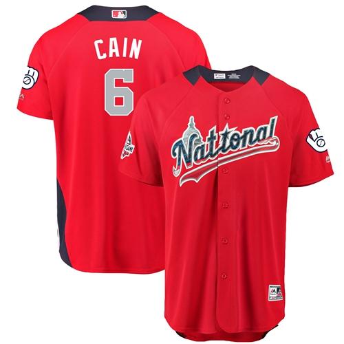 Milwaukee Brewers #6 Lorenzo Cain Red 2018 All-Star National League Stitched Jersey Men's