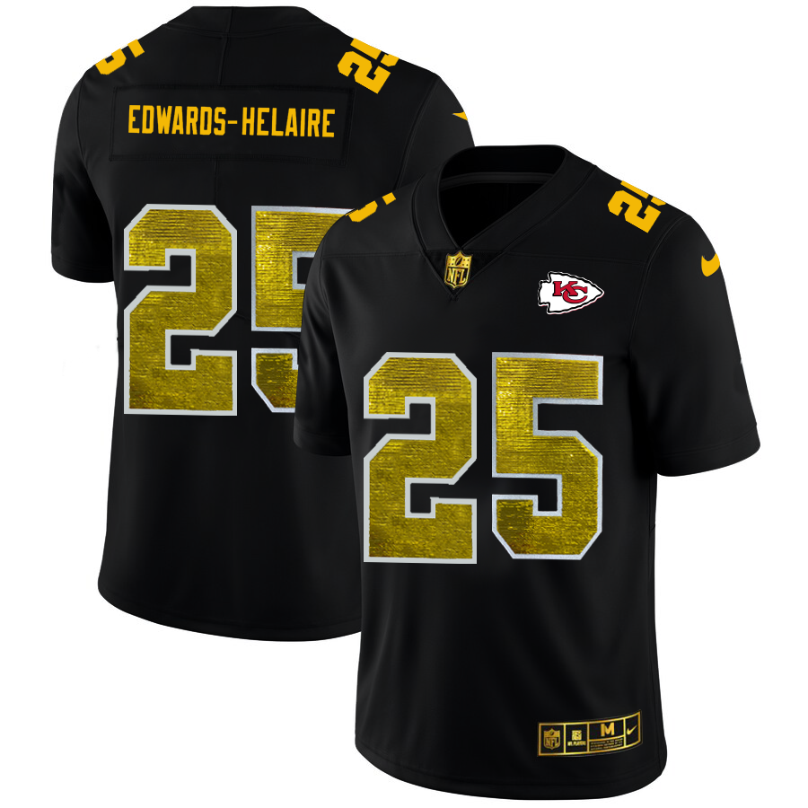 Kansas City Chiefs #25 Clyde Edwards-Helaire Men's Black Golden Sequin Vapor Limited Jersey