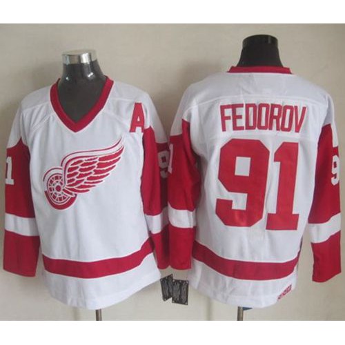 Detroit Red Wings #91 Sergei Fedorov White CCM Throwback Stitched Jersey Men's