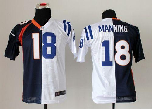 Colts #18 Peyton Manning Blue/White Youth Stitched Elite Split Broncos Jersey
