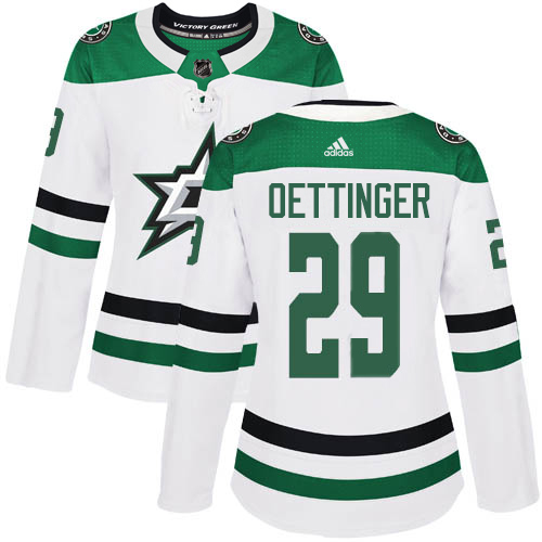 Adidas Dallas Stars #29 Jake Oettinger White Road Authentic Women's Stitched Jersey Womens