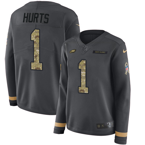 Eagles #1 Jalen Hurts Anthracite Salute To Service Women's Stitched Limited Therma Long Sleeve Jersey