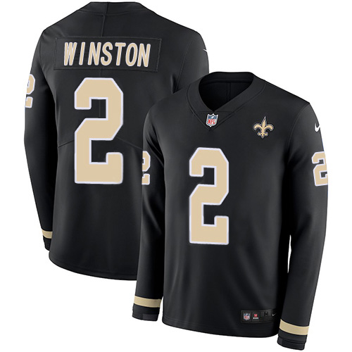 New Orleans Saints #2 Jameis Winston Black Team Color Youth Stitched Limited Therma Long Sleeve Jersey Youth