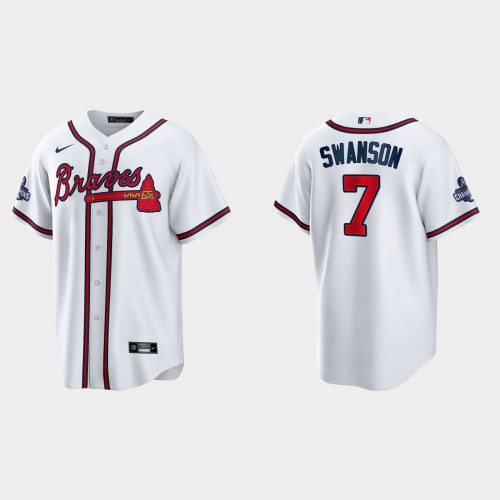 Atlanta Atlanta Braves #7 Dansby Swanson Men's 2021 World Series Champions Patch Game Jersey - White Men's