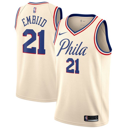 Philadelphia 76ers #21 Joel Embiid Cream Swingman City Edition Jersey Mens