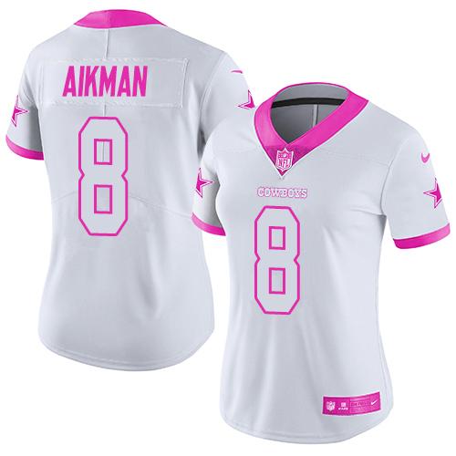 Dallas Cowboys #8 Troy Aikman White/Pink Women's Stitched Limited Rush Fashion Jersey Womens