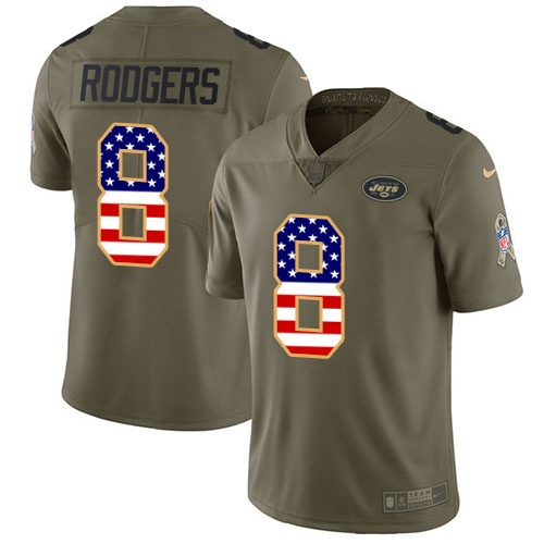 Jets #8 Aaron Rodgers Olive/USA Flag Men's Stitched Limited 2017 Salute To Service Jersey