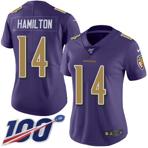 Ravens #14 Kyle Hamilton Purple Women's Stitched Limited Rush 100th Season Jersey
