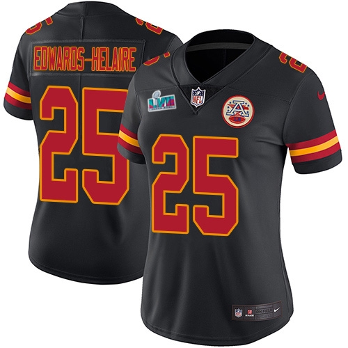 Chiefs #25 Clyde Edwards-Helaire Black Super Bowl LVII Patch Women's Stitched Limited Rush Jersey