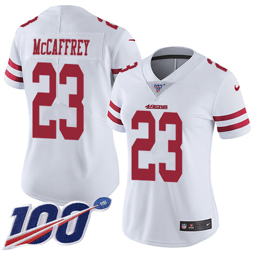 49ers #23 Christian McCaffrey White Women's Stitched 100th Season Vapor Limited Jersey