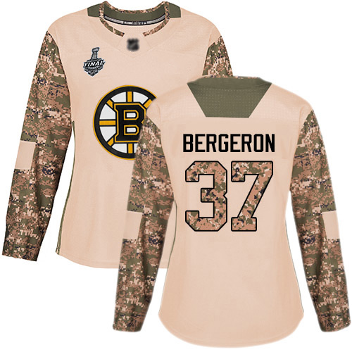 Adidas Boston Bruins #37 Patrice Bergeron Camo Authentic 2017 Veterans Day Stanley Cup Final Bound Women's Stitched Jersey Womens