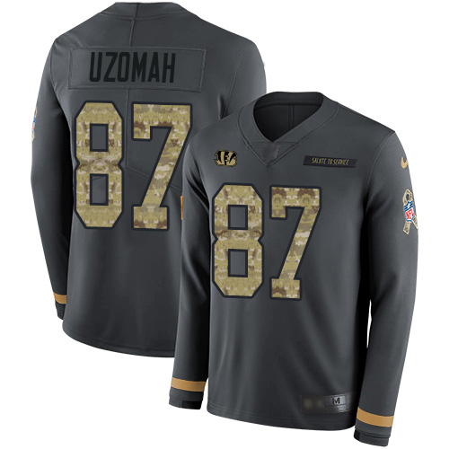 Cincinnati Bengals #87 C.J. Uzomah Anthracite Salute to Service Men's Stitched Limited Therma Long Sleeve Jersey Men's