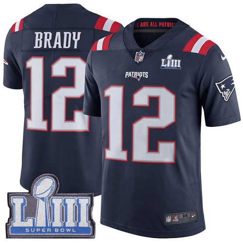 Patriots #12 Tom Brady Navy Blue Super Bowl LIII Bound Men's Stitched Limited Rush Jersey