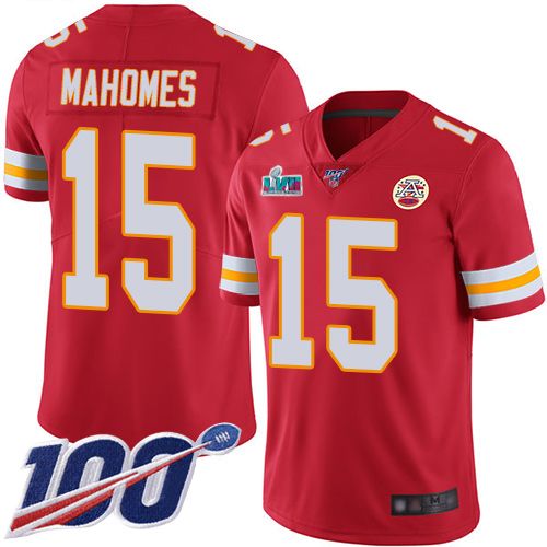 Chiefs #15 Patrick Mahomes Red Team Color Super Bowl LVII Patch Men's Stitched 100th Season Vapor Limited Jersey